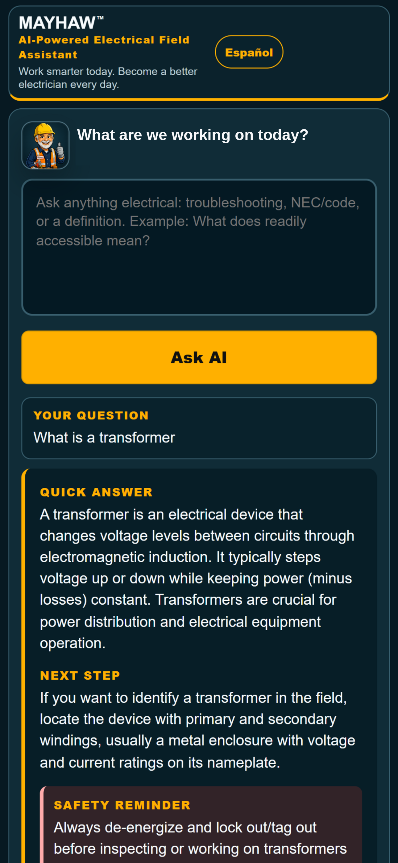 MAYHAW Ask AI Answer screen