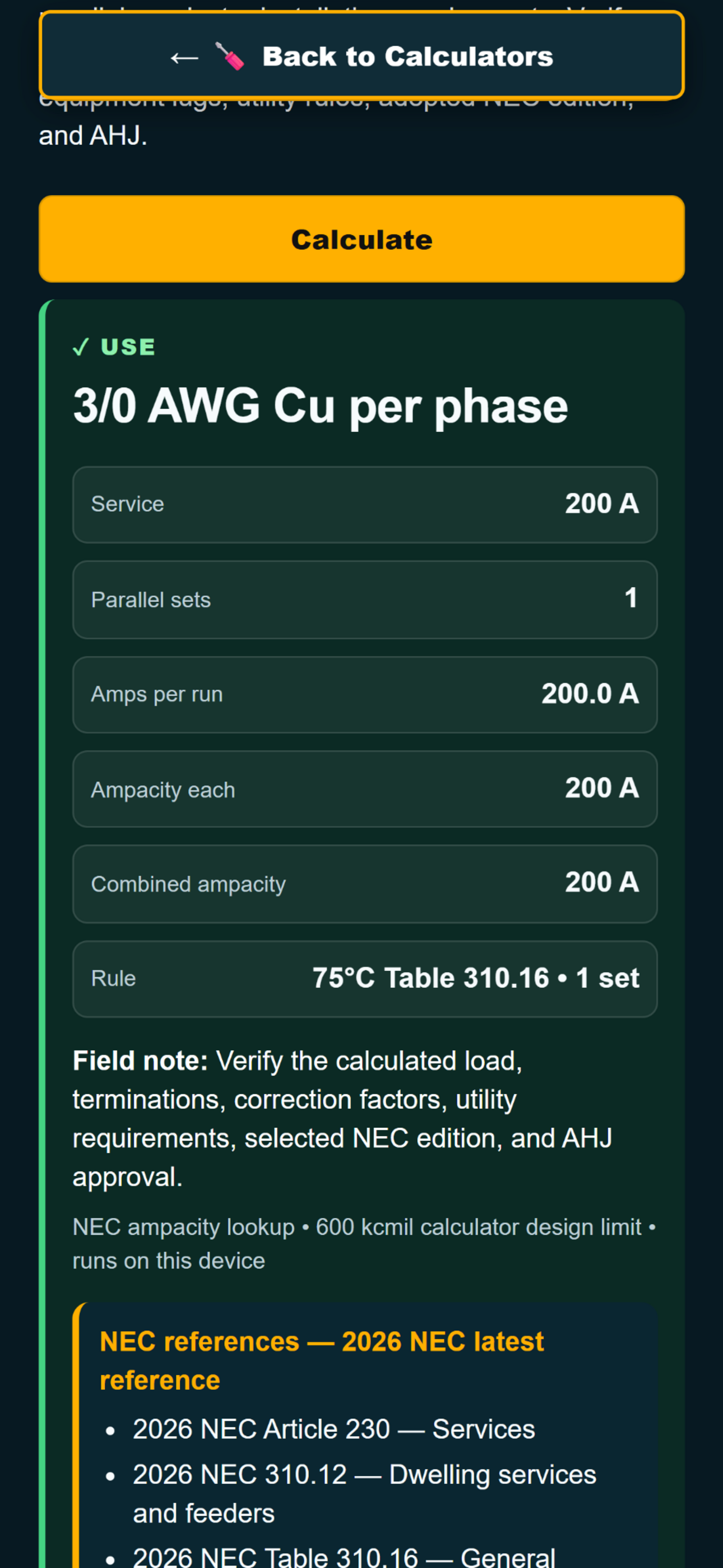 MAYHAW Service Size Result screen