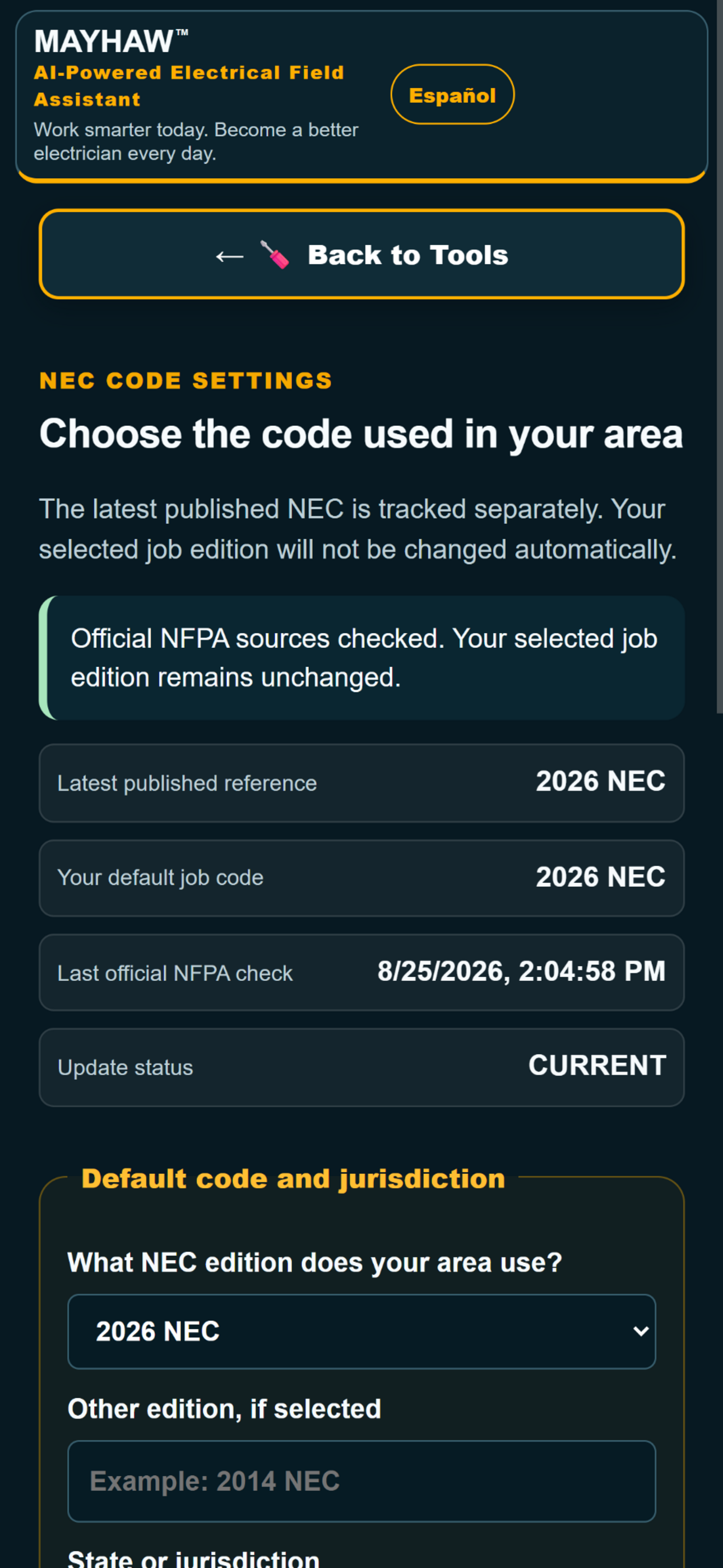 MAYHAW NEC Status screen