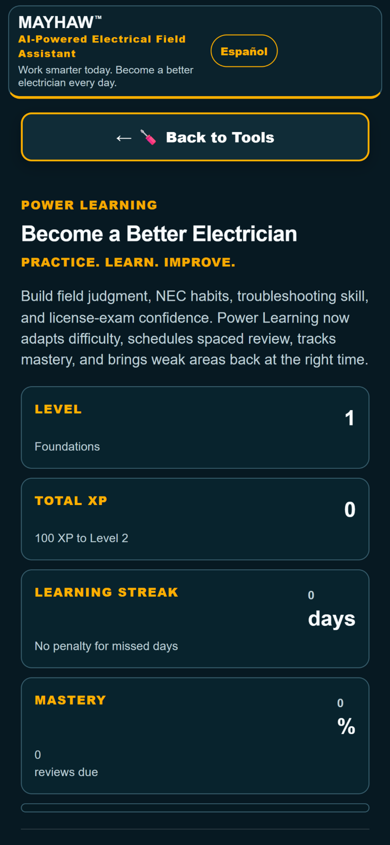 MAYHAW Power Learning screen