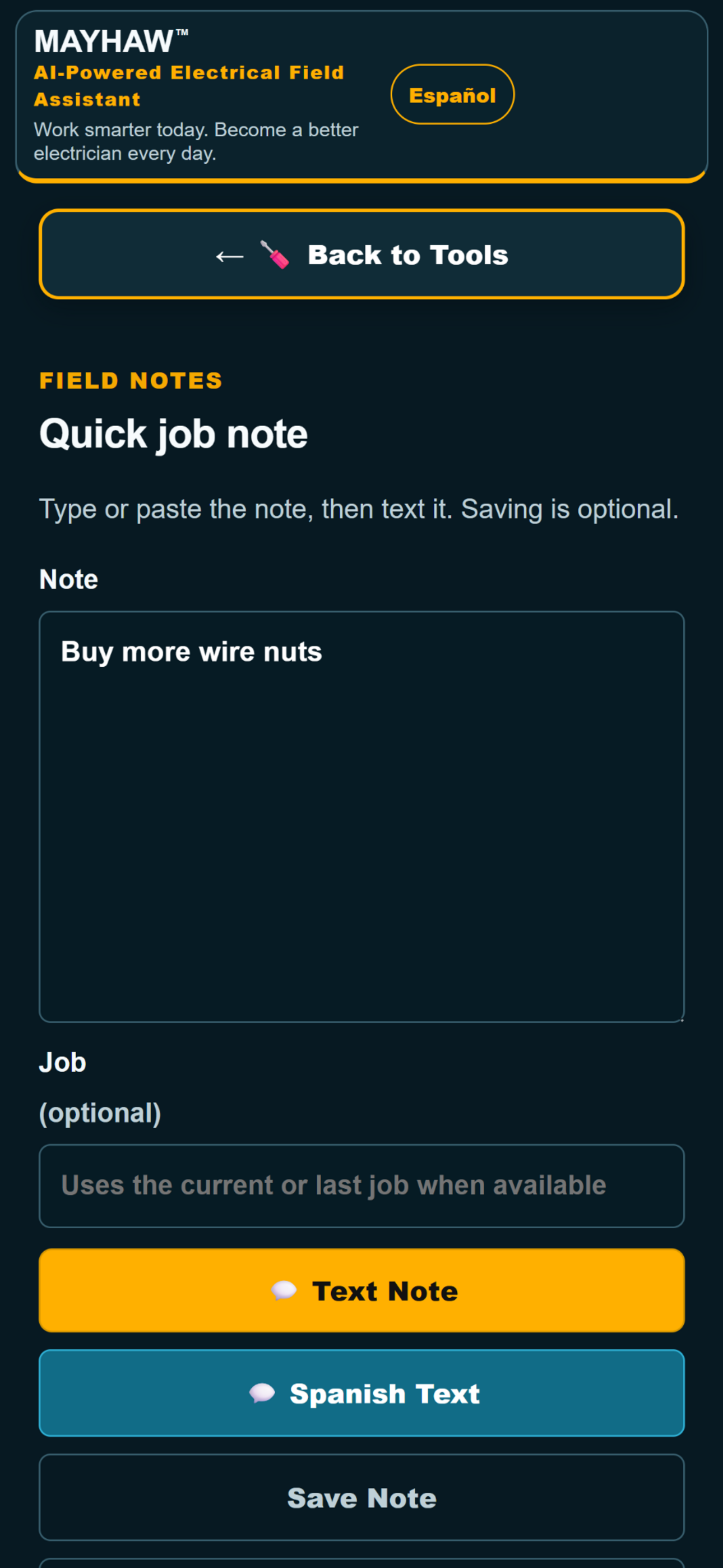 MAYHAW Field Notes screen